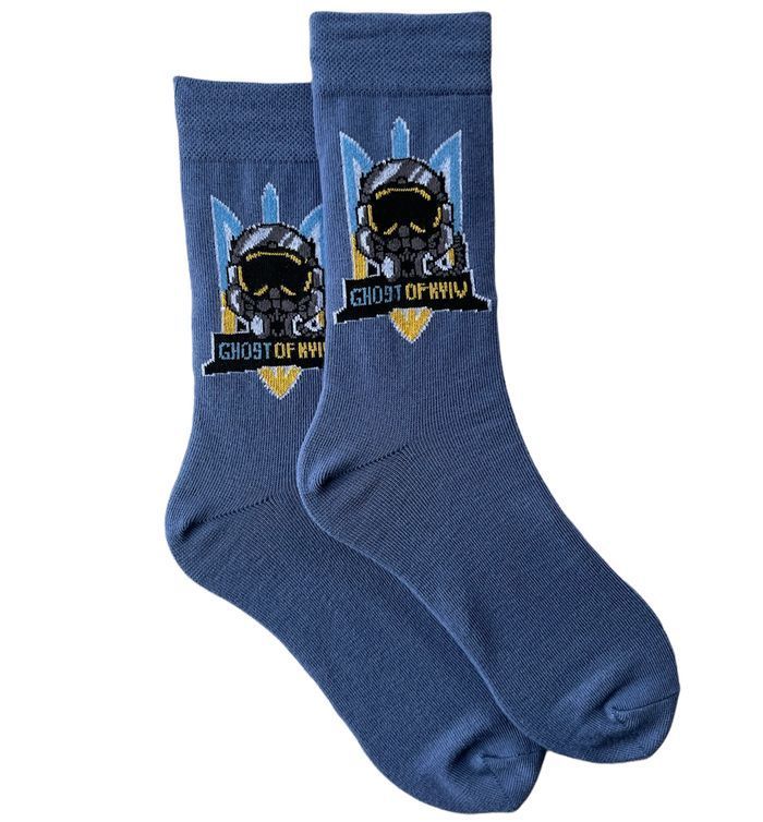 Men's socks Ghost of Kyiv, made from Indian cotton, blue