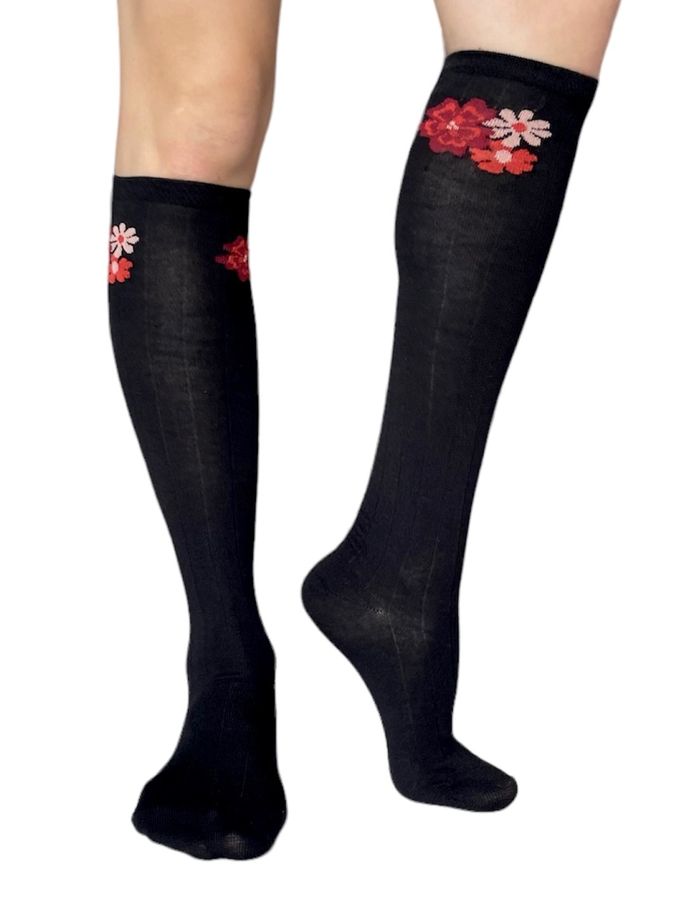 Knee length Socks "Flowers", black