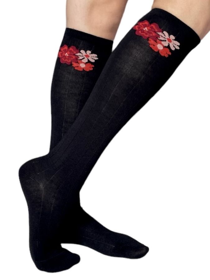 Knee length Socks "Flowers", black