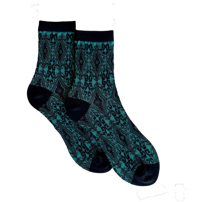 Women's Jacquard Socks "Louvre" made from Indian cotton, black with turquoise