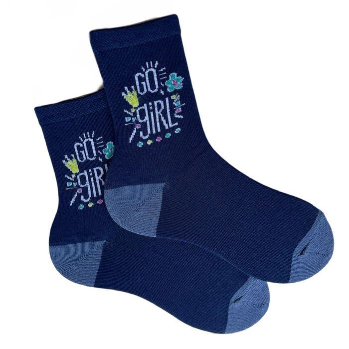 Kids socks "GO GIRL" made from Indian cotton, dark blue