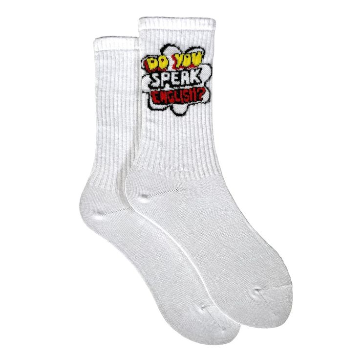 Шкарпетки "DO YOU SPEAK ENGLISH?" з високою гумкою, з індійської бавовни, білі