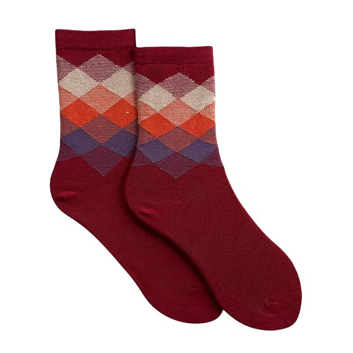 Women's Socks "Colored squares" made from Indian cotton, dark red