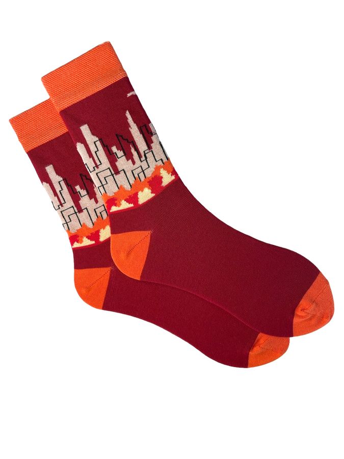 Men's socks Autumn city, made from Indian cotton, dark red