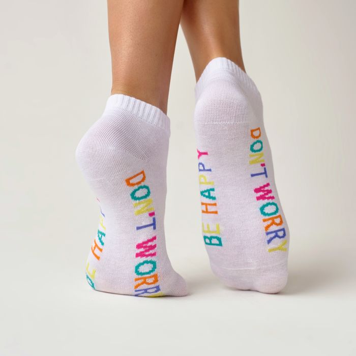 Women's ankle Socks "Don't worry, Be Happy" made from Indian cotton, white