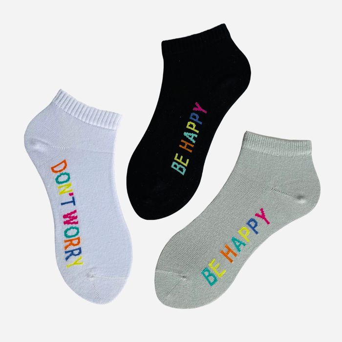 Set of Women's ankle Socks "Don't worry, Be Happy" made from Indian cotton, 3 pairs, 35-37